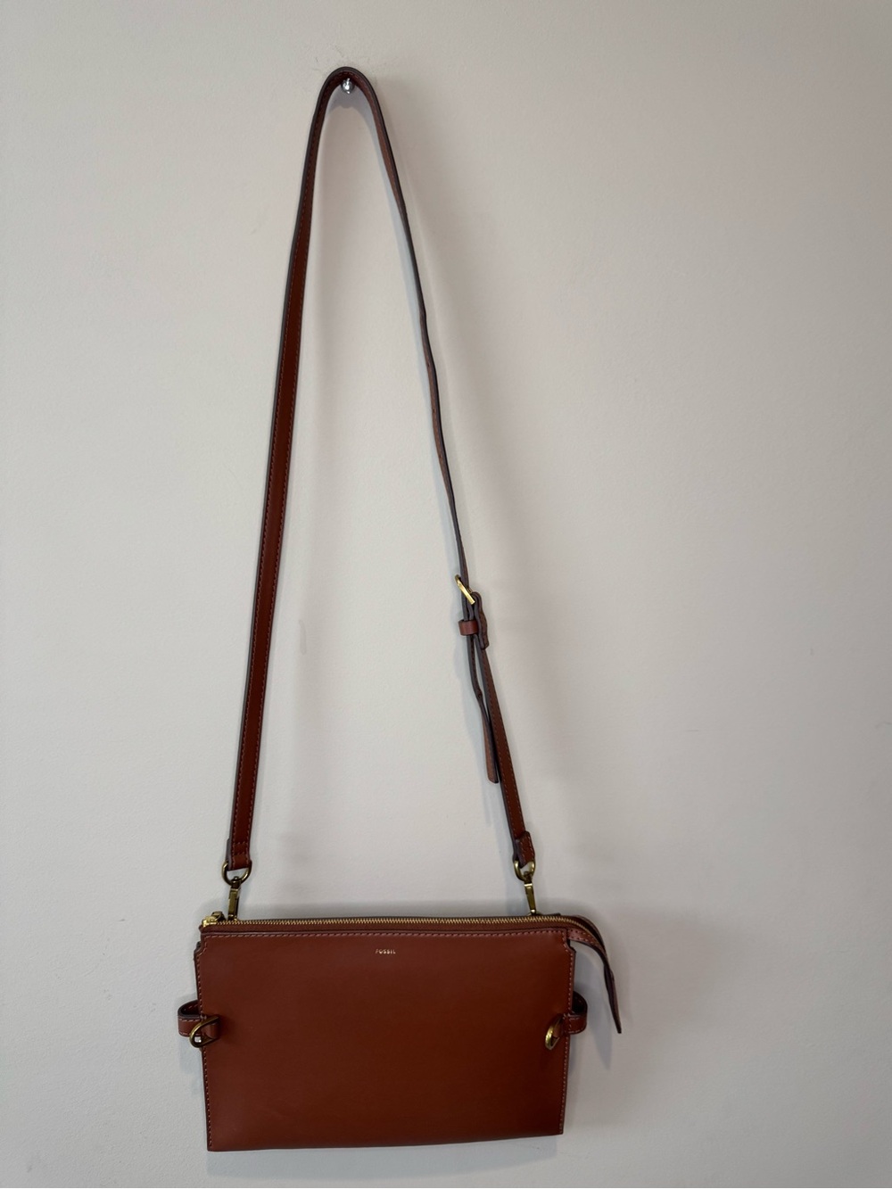 Fossil Kier Cognac Leather Crossbody Bag Slim Minimalist Purse Key Charm